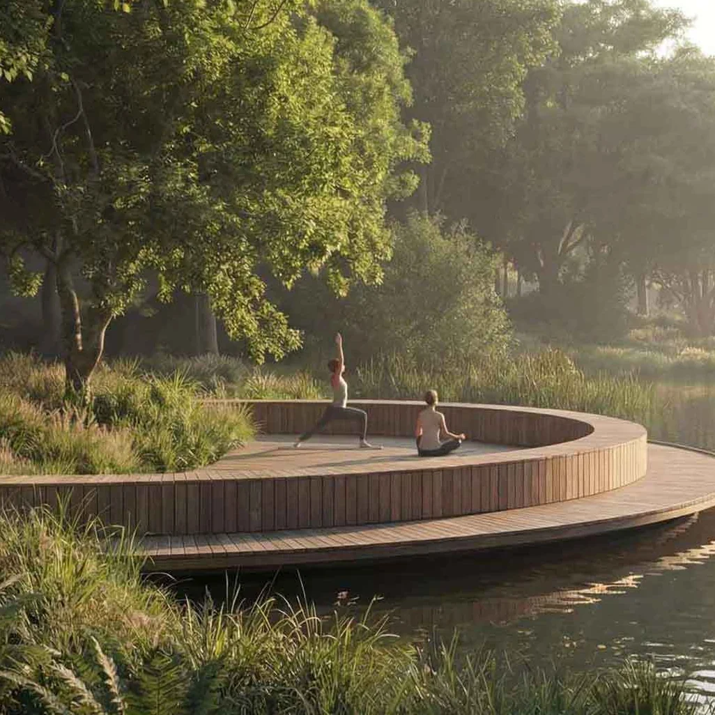Timber yoga deck at the water edge, Embassy South Reserve, artist impression