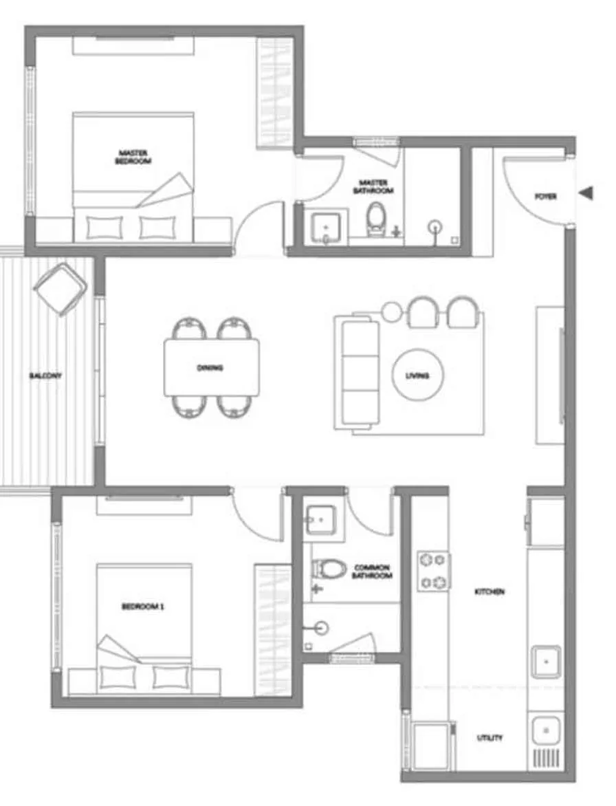 2 BHK sample layout at Embassy South Reserve, 1,330 sqft saleable area