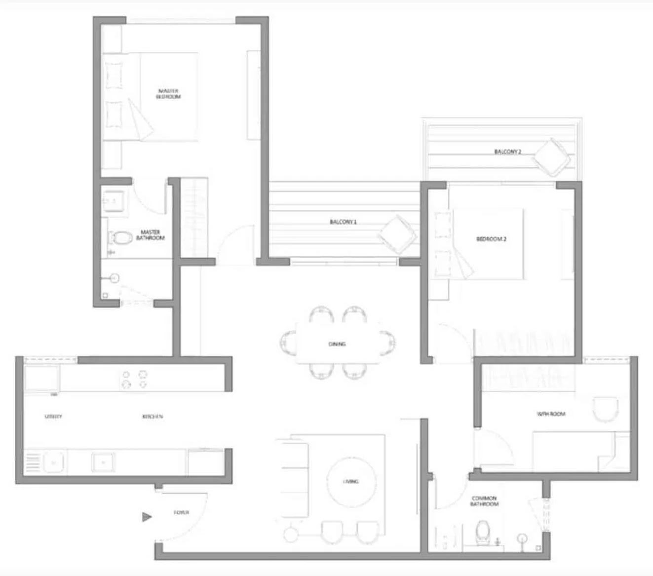 2 BHK + Study sample layout at Embassy South Reserve, 1,598 sqft saleable area