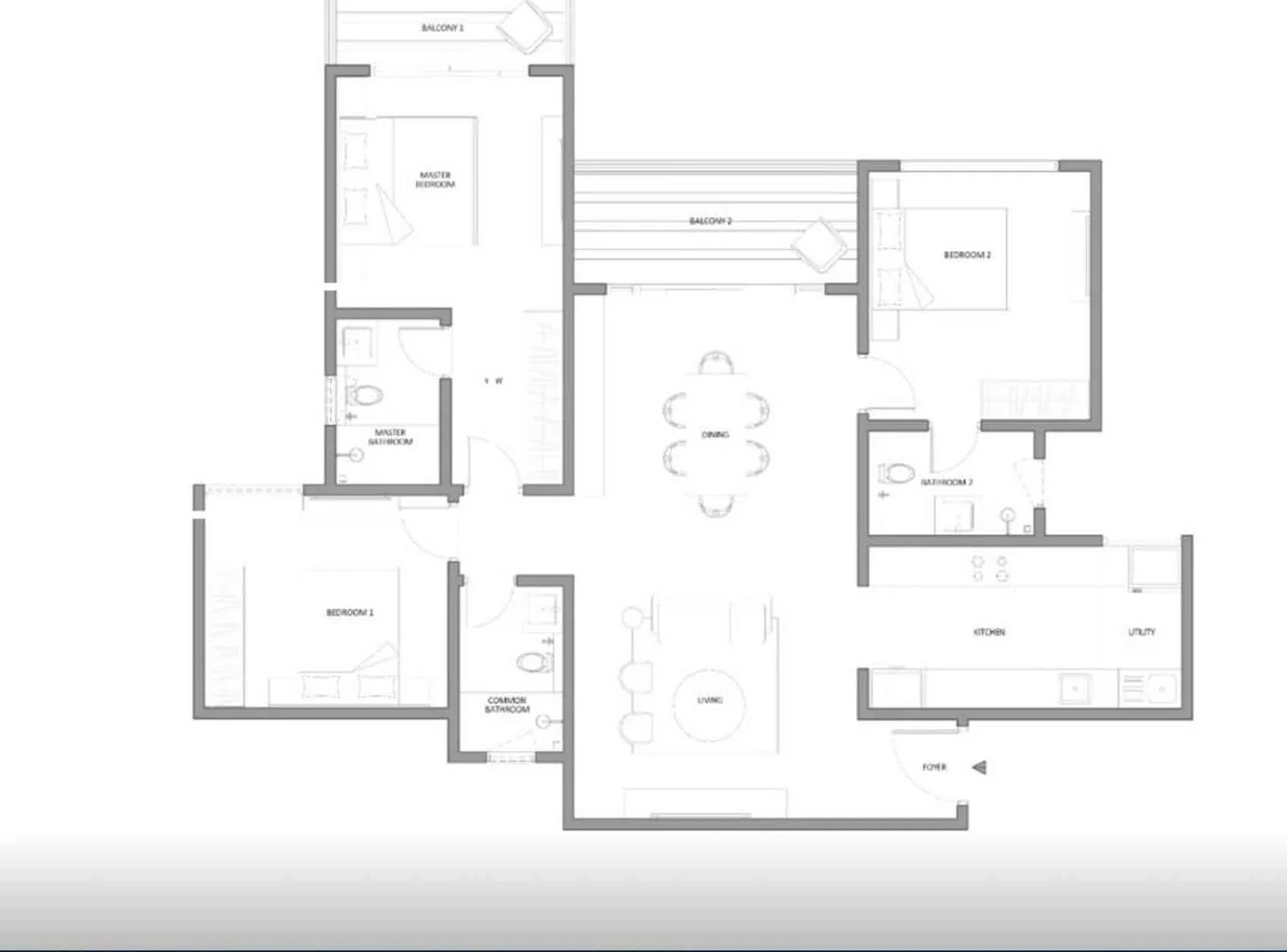 3 BHK sample layout at Embassy South Reserve, 1,920 sqft saleable area